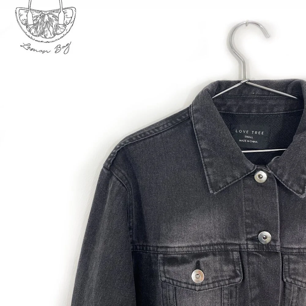 Love Tree / Jean Jacket Decor on the Back/ Black Grey / Size S - Picture 7 of 8